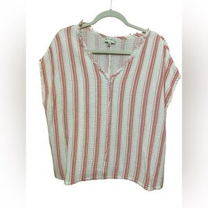 Wonderly Cotton Gauze Peach & White Stripe Top, Size PXL with Frayed Trim.